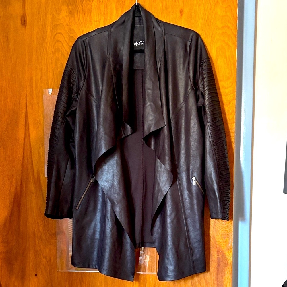 Angel Black Faux Leather Draped Open Jacket / Cardigan